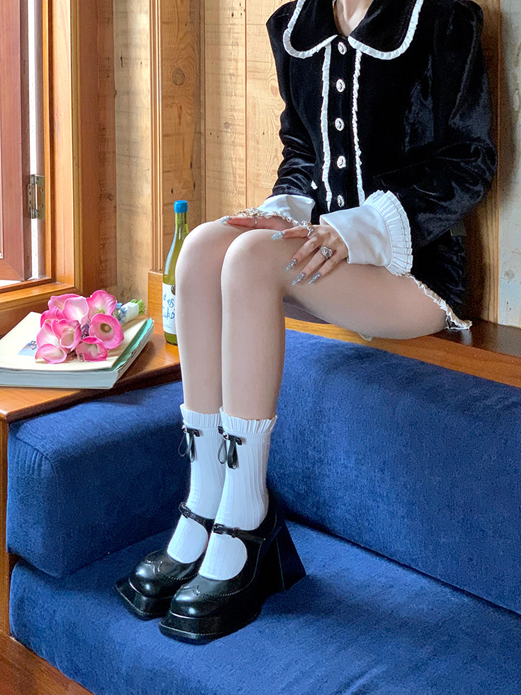 Black Bow Socks Mid-Calf / White Accent Balletcore