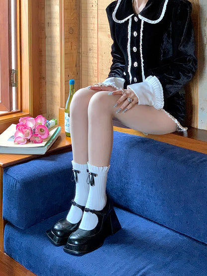 Black Bow Socks Mid-Calf / White Accent Balletcore