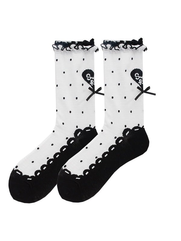 Polka Dot Heart Ankle Socks with Ruffle Lace Trim, 8 Colors - ROJI ROJI