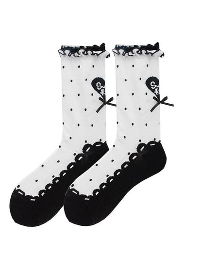 Polka Dot Heart Ankle Socks with Ruffle Lace Trim, 8 Colors - ROJI ROJI