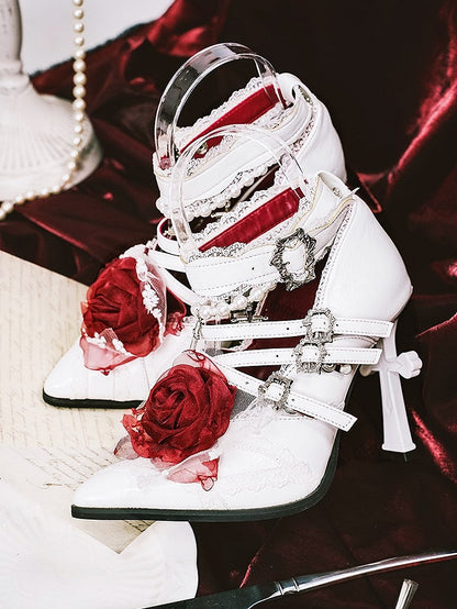 White Gothic Pointed Toe High Heels with Detachable Cross Charm Beaded Chains, Crisscross Straps & Lace Trim