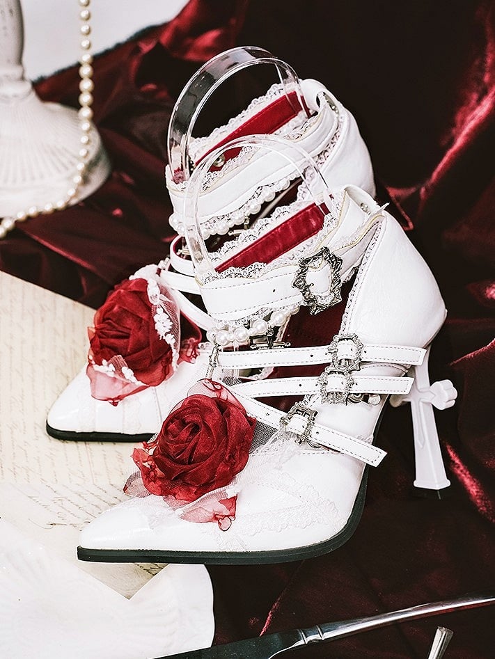 White Pointed Toe Gothic Heels with Cross Charm Chains & Lace Trim - sphenoid