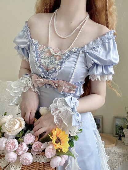 Blue Slim Fit Waist Floral Square Neckline Elegant Lolita Empire Dress BE005