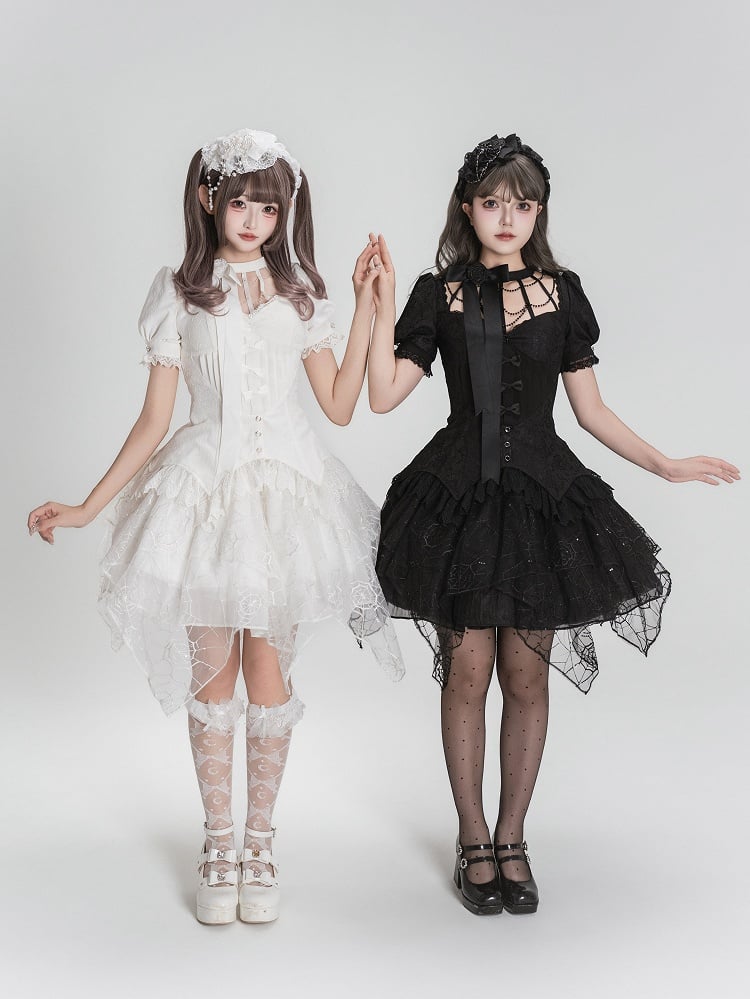 Spider Out Short Web Detachable Hallow Skirt Sleeves Lolita + Collar Gothic Overlay White Top Embroidery