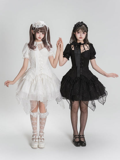 All Sleeves Detachable Embroidery Short Gothic Top Hallow Spider + Black Overlay Lolita Out Collar Web Skirt