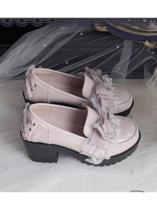Pink Heart Bowknot 7CM Heel Shoes with Lace & Pearl Chain - Sarina