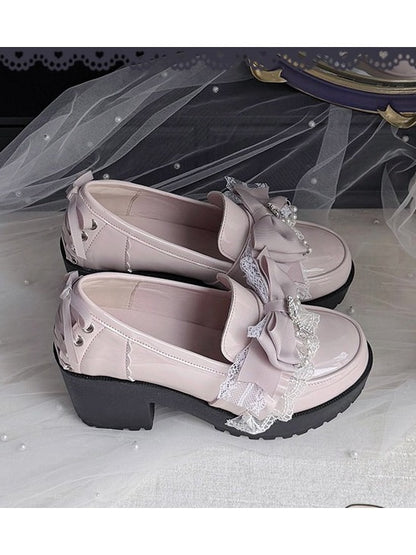 Pink Heart Bowknot 7CM Heel Shoes with Lace & Pearl Chain - Sarina