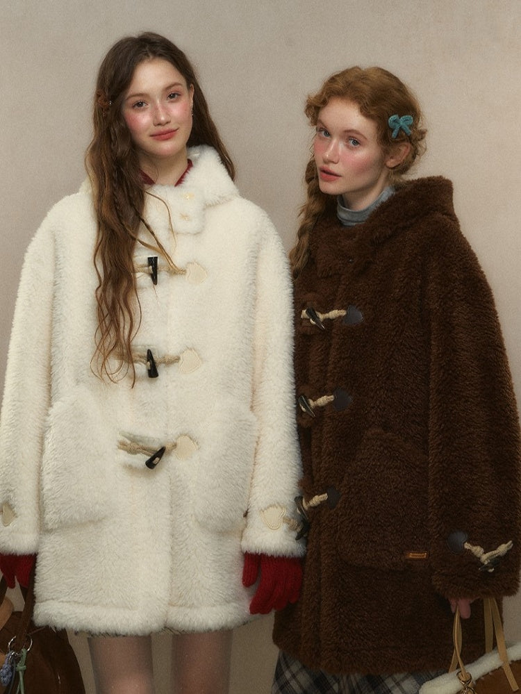 Beige/Brown Toggle Hood Coat with and Closure Long Vintage-Inspired Fleece