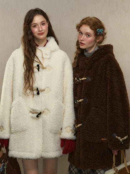 Beige/Brown Toggle Hood Coat with and Closure Long Vintage-Inspired Fleece