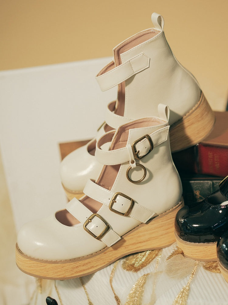 - Plateaus Off-White Vintage Runde Holzsohle 3 Riemen Zehenbereich cm Keilabsatz Maserung Schnalle 3–5