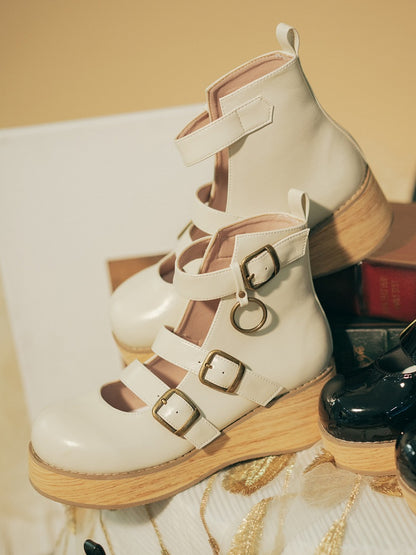 - Plateaus Off-White Vintage Runde Holzsohle 3 Riemen Zehenbereich cm Keilabsatz Maserung Schnalle 3–5