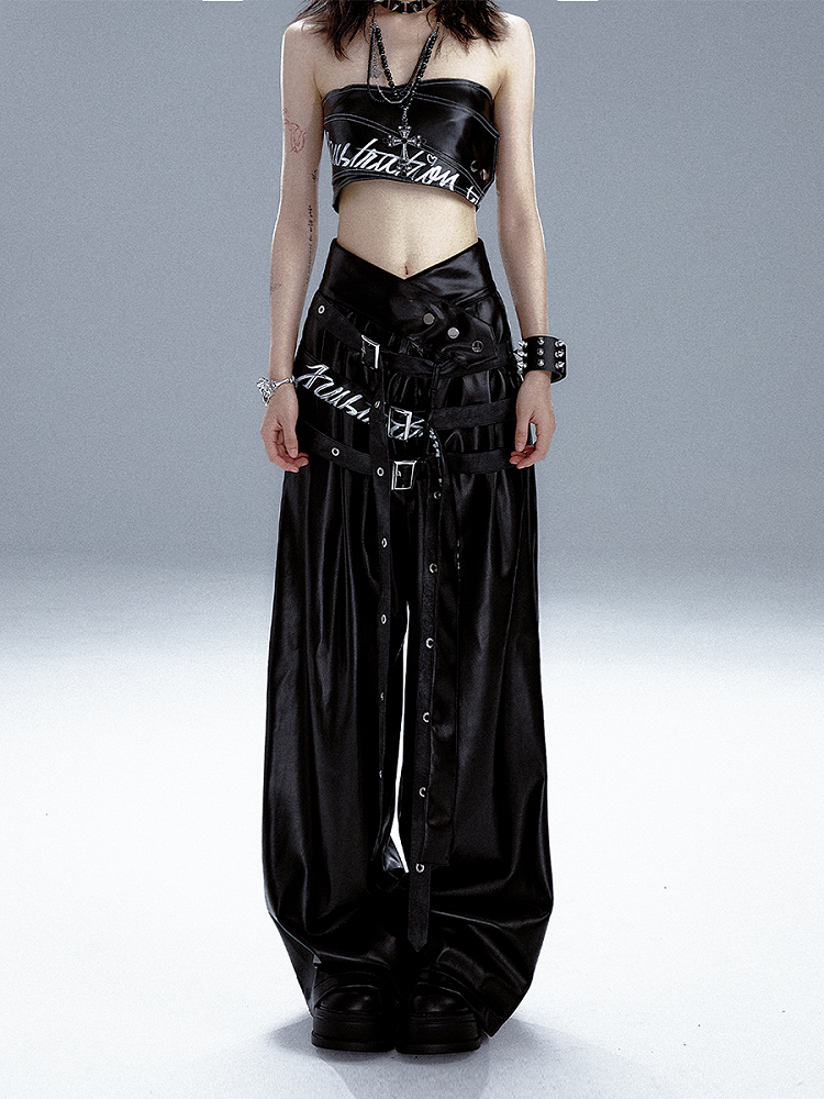 V-neck Black Belts Pants With Graffiti PU Wide-leg Buckle Punk