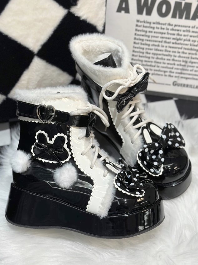 Sweet Ankle Closure Furry - Rabbit Bunny Ear Black Interior for Boots with Lace-Up Bow Lolita