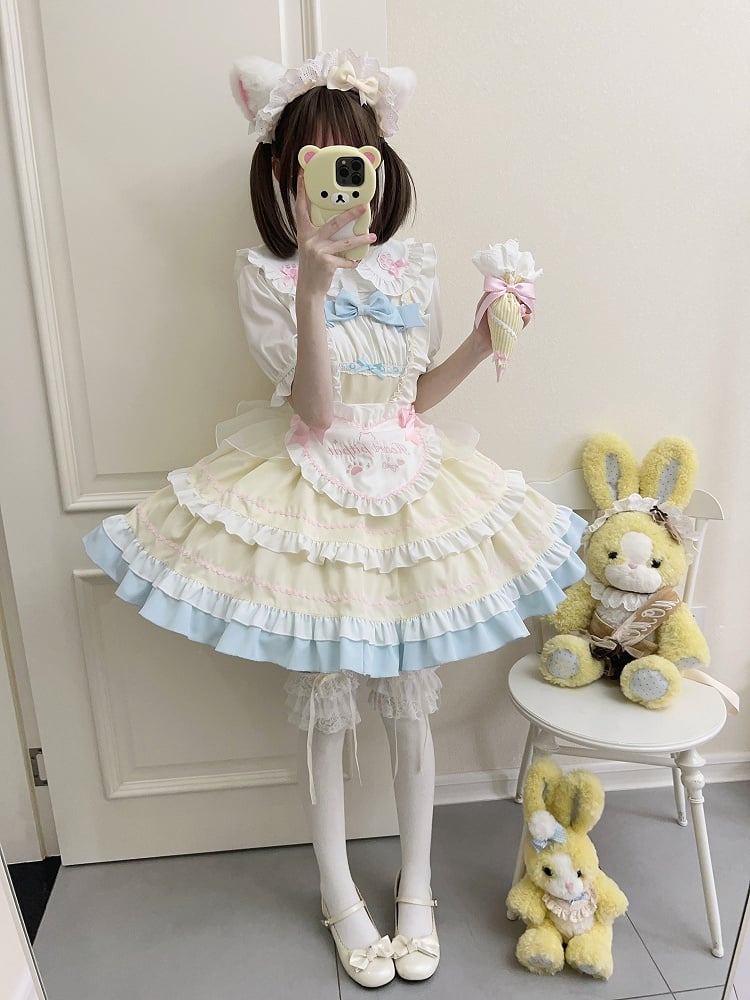Yellow JSK Ruffle Bow Apron Maid Lolita + Dress Adorable Heart