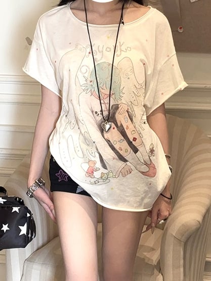 Cartoon Round Neck T-shirt Angel Print Apricot