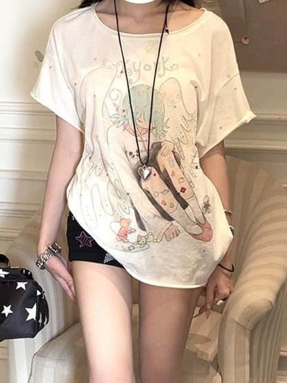 Cartoon Round Neck T-shirt Angel Print Apricot