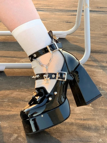 Gothic Polished Black High-heel Mary Janes with Snap Design,  Detachable Cross Charm Chain & Studded Accents