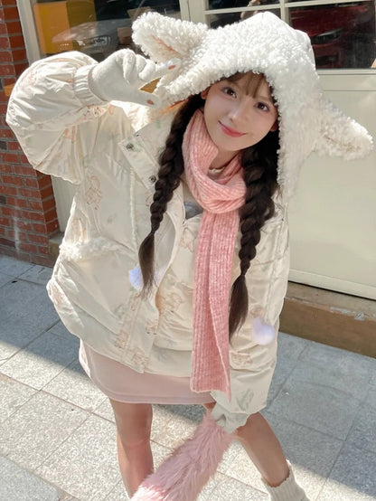 Süße weiße Daunenjacke mit Kapuze und Lamm-Print, kurze/lange Version