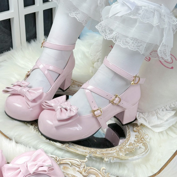 with Mid - Heel Pink Mary Bow Lolita PU Elegant Accent Janes