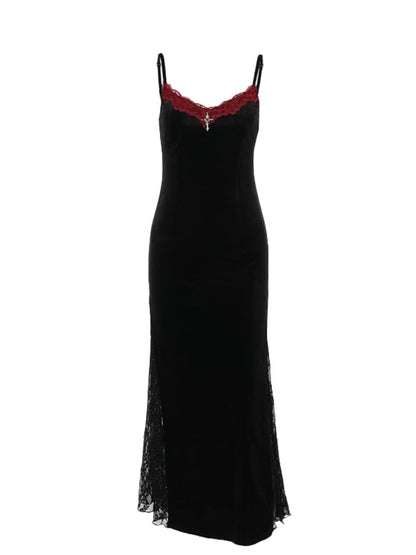 Gothic Black Cross Detail Red Lace Trim Spaghetti Strap Dress