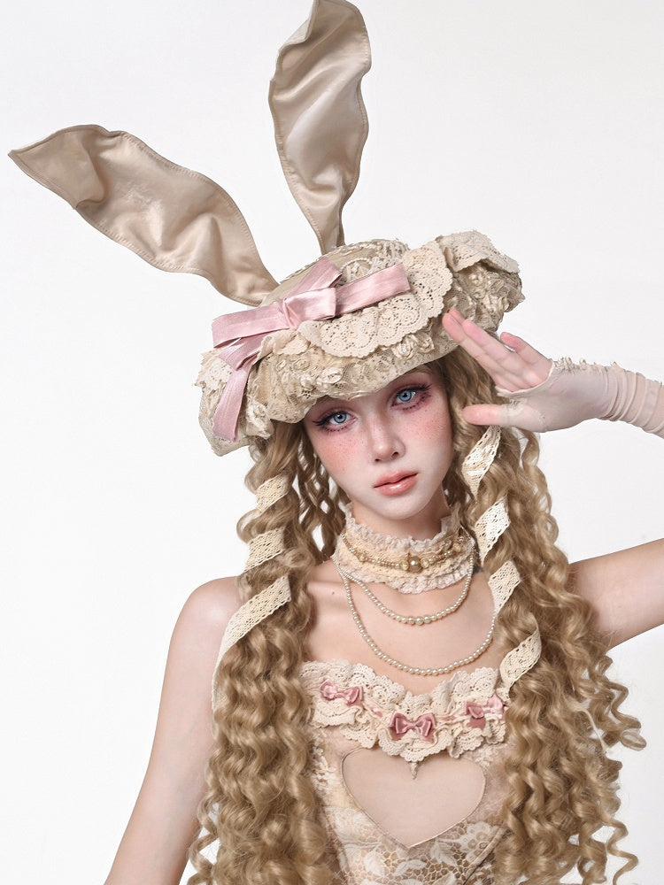 Lace Elegance Accent Bunny Hat Pink – Bow French Ear