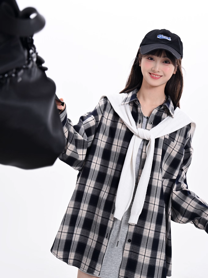 Button Plaid Blue Front Vintage Shirt Navy Placket