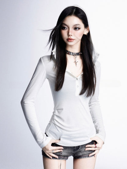 Snap Placket Neckline Sun Protection Hooded Top White Partial