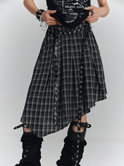 with Punk Skirt Gothic Belts White Hem Dual Black Handkerchief Eyelet Plaid Metal PU