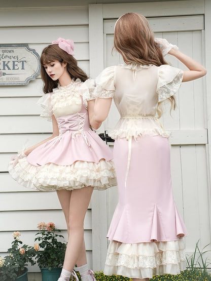 Bluse Rüschenkleid Stufen Meerjungfrau Slip Saum Beige + Pink