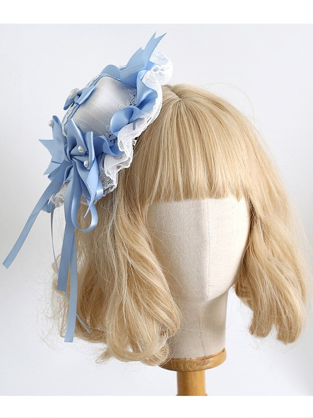 BlueWhite Clips Trim Lolita Decorated Details Sweet Lace Beaded Mini With Hat Bowknot