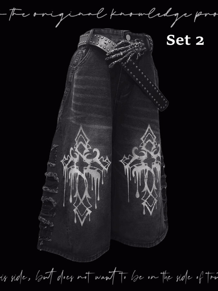 Weite Jeans mit Saum, dunkelgrau, Kreuzdruck, Distressed-Löcher