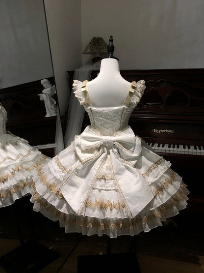 Perlen Lolita Verziertes Weißes Kleid Schleifen Kette Stufenrock Prinzessin