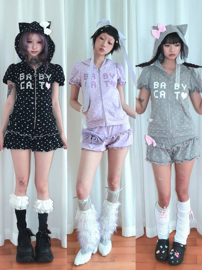 Bow Patterns Black with Large Heart Detachable Hoodie Cat-Ear Paw