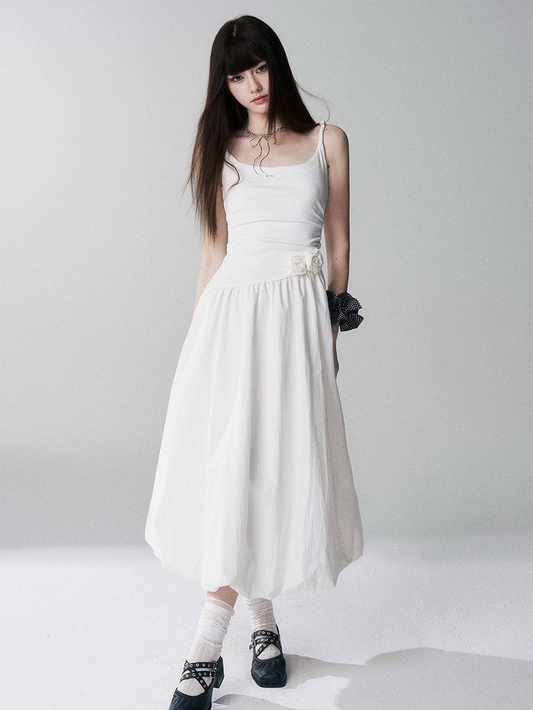 Spaghetti Strap Bubble Dress with 3D Roses in Beige - Lady Ghost