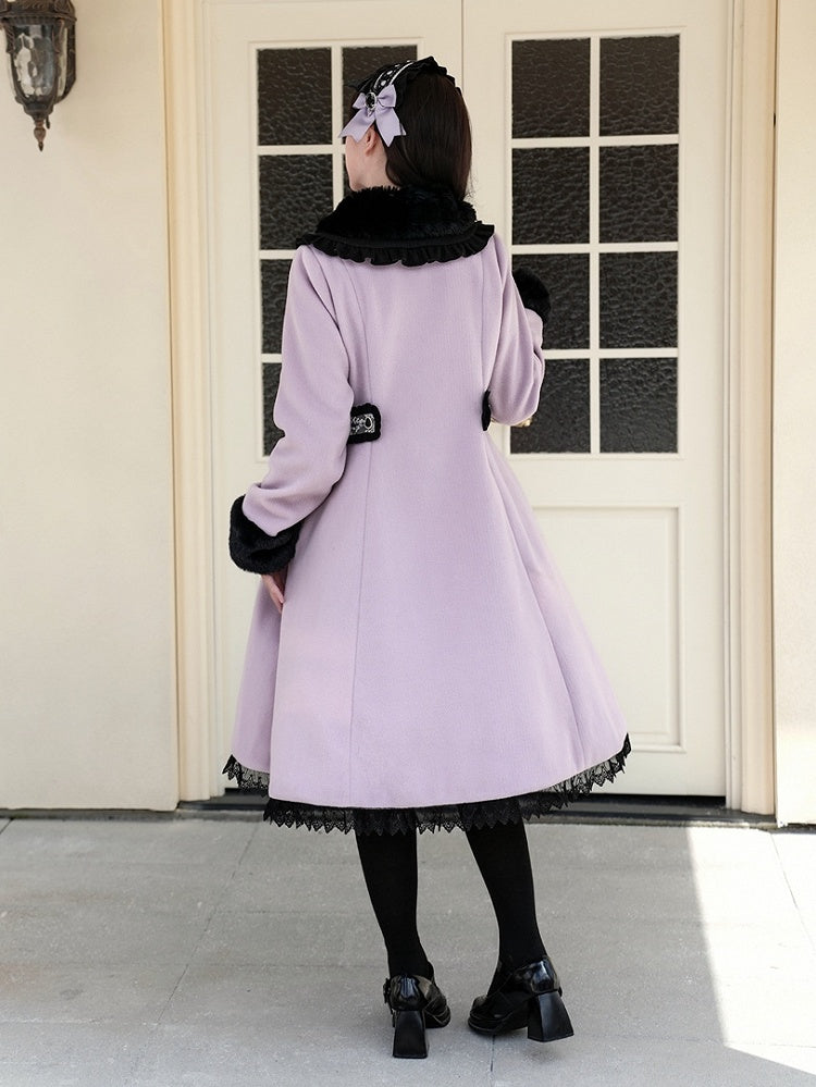 Jirai Black Purple Kei Style Vintage - Waist-Defining Coat with Collar Plush