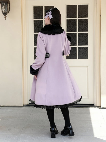 Jirai Black Purple Kei Style Vintage - Waist-Defining Coat with Collar Plush