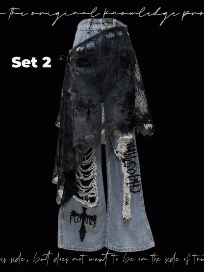 Jeans Wash Glamorous Flared Faded Blue Distressed Holes Cross Appliques