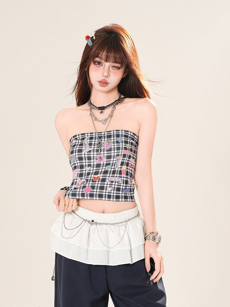 チェック柄ステッカープリント クロップド丈 ピンク/ブラック ストラップレストップ