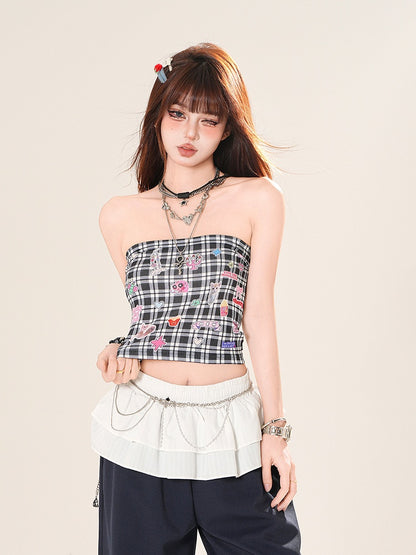 チェック柄ステッカープリント クロップド丈 ピンク/ブラック ストラップレストップ