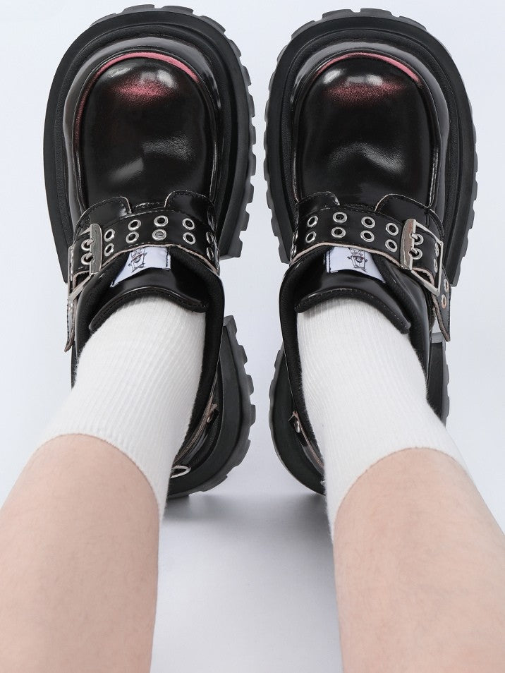 Punk Accents Heel Shoes - Black Block Buckle High Platform