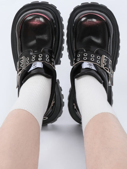 Punk Accents Heel Shoes - Black Block Buckle High Platform