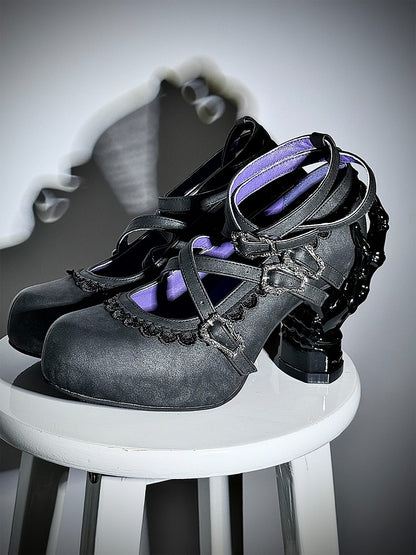 Dark Gray PU Gothic Lolita Shoes with Cross Straps & 7cm Bone Heels - sphenoid