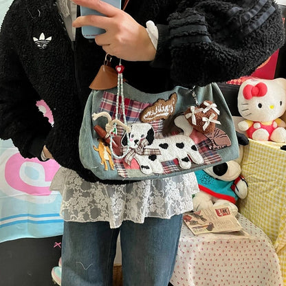 Kitten Puppy Bag and Pink Washed with Vintage Patches Artisanal Blue Plaid Shoulder Denim