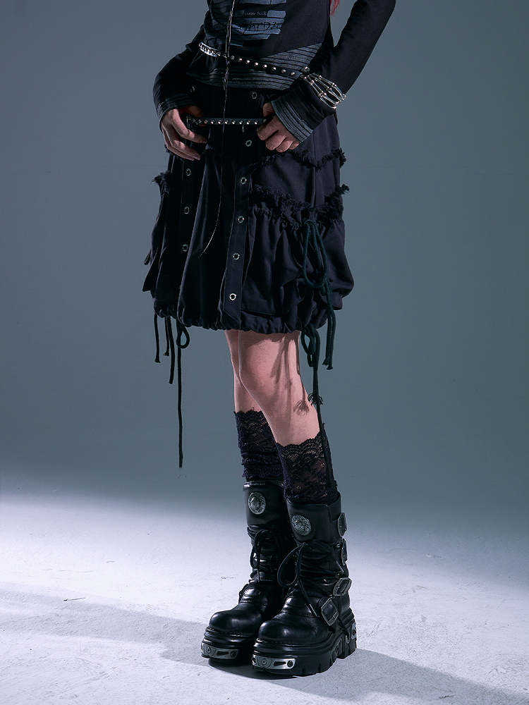Distressed Side - Design Black Skirt Punk Pockets Drawstring