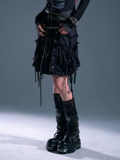 Distressed Side - Design Black Skirt Punk Pockets Drawstring