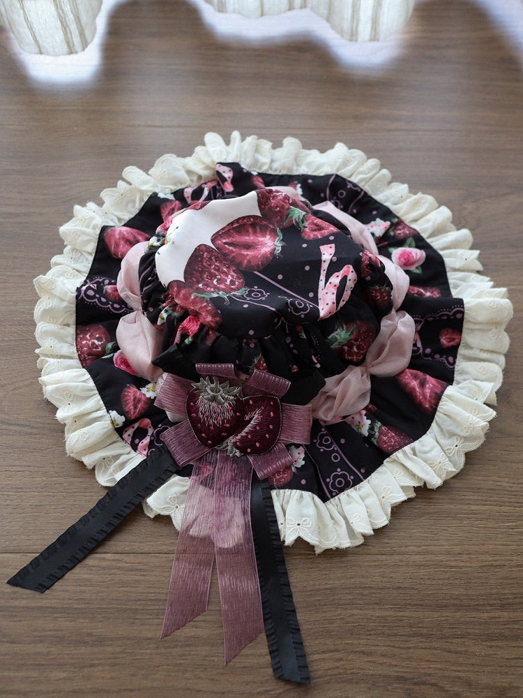 Lace Bowknot Sweet Strawberry Hat in Black/Pink
