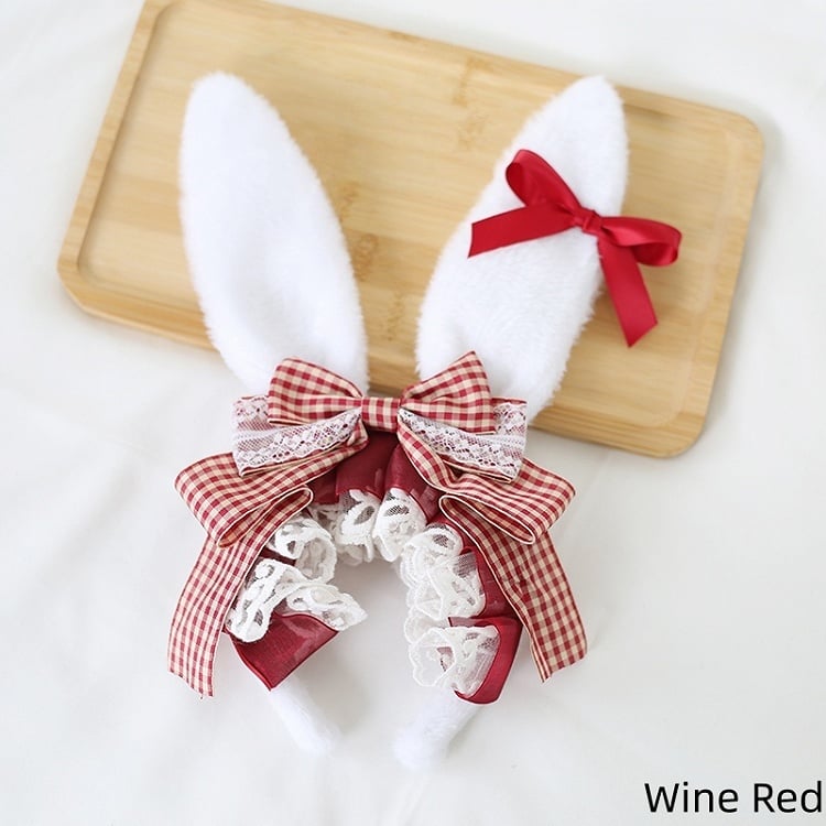 Ear Bunny Gingham Cute 4 Bowknot KC with Detachable Lolita Bowknots Colors Small