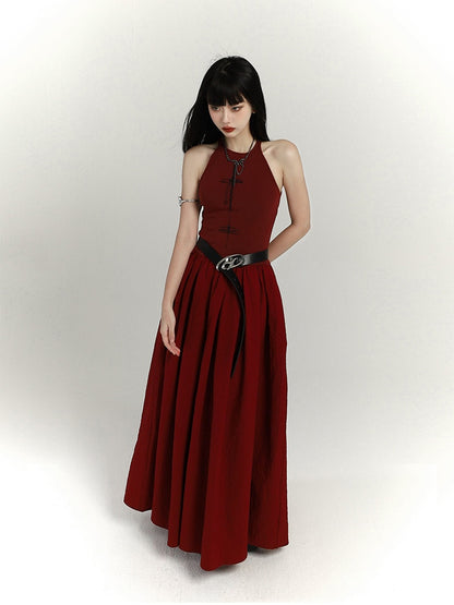 Gothic Wine Red High Waist Cross Print Backless Version Sleeveless Dress