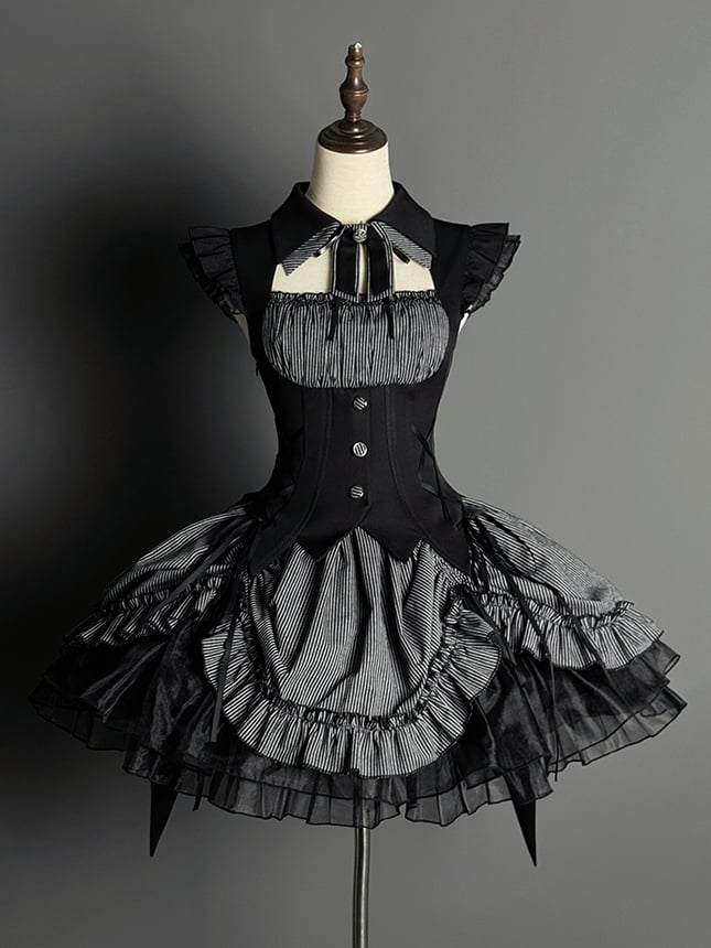 Halloween Hem Gray and Dress Black Boned Drawstring Pattern Lolita Striped Gothic Waist