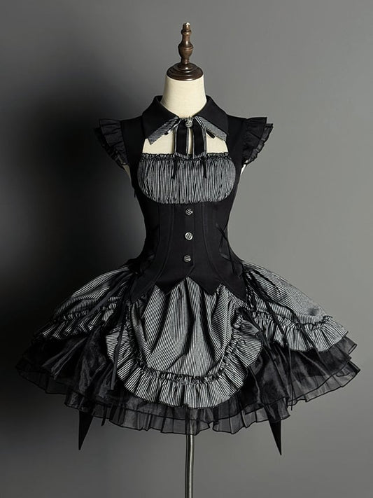 Halloween Hem Gray and Dress Black Boned Drawstring Pattern Lolita Striped Gothic Waist